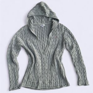 Old Navy Grey Cable Knit Hooded Sweater with Deep V-Neck & Pockets - Size XL